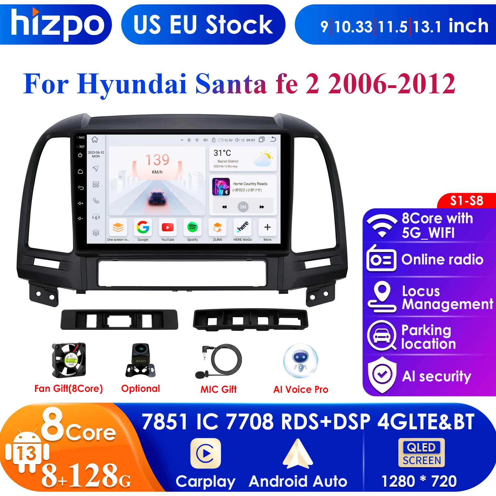 2 Din Android 13 DSP Car Radio Multimedia Video Player Navigation GPS for Hyundai Santa Fe 2 2006-2012 2din Head Unit Carplay 4G