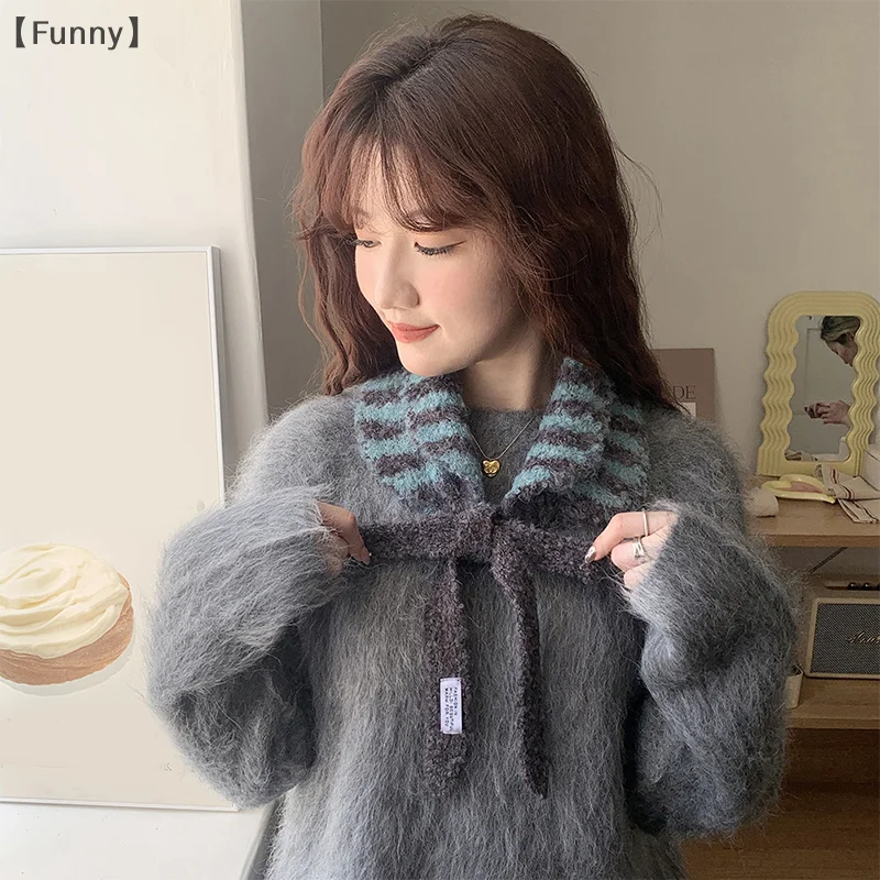 DapatFunny OrganiSmall bufanda mujer estilo coreano banda para el cuello calentador de orejas gorro de doble propósito lana tejida a rayas versátil Linda banda para el cuello