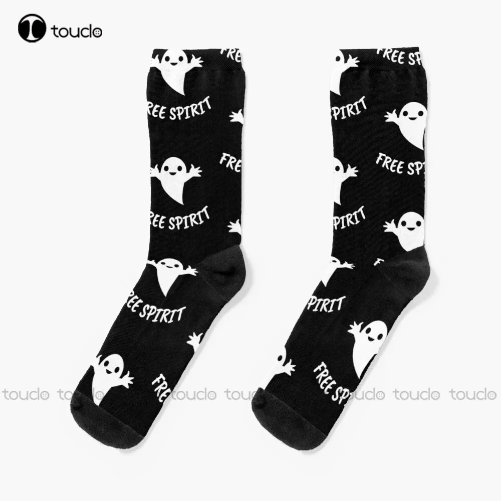 Free Spirit Cute Ghost Socks Halloween White Crew Socks Men Personalized Custom Unisex Adult Teen Youth Socks 360° Digital Print
