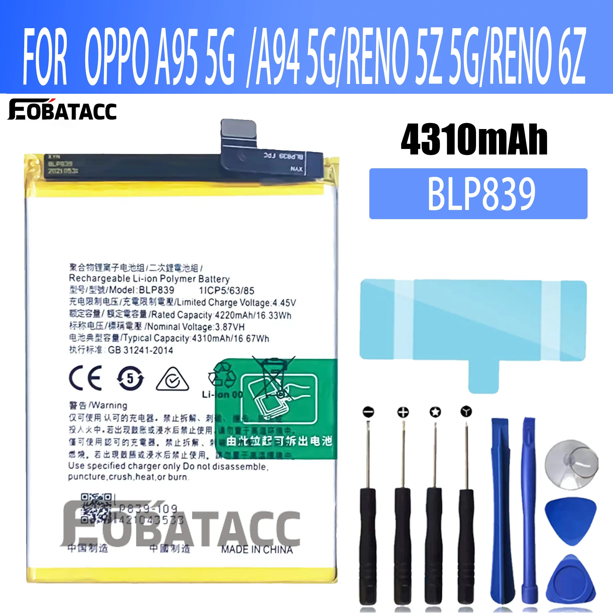 100% New Original Battery  BLP839 For OPPO A95 5G  /A94 5G/RENO 5Z 5G/RENO 6Z Battery + Free Tools