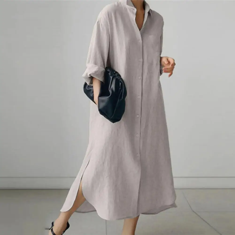 

Women Long Lapel Dress Stylish Women's Long Sleeve Maxi Shirt Dress With Irregular Split Hem Single-breasted Design For Wear