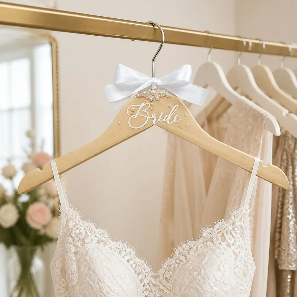 Wooden Bride Hanger Ribbon Decorated Butterfly Knot Wedding Dress Hanger Faux Pearl Non-Slip Wedding Clothes Hanging