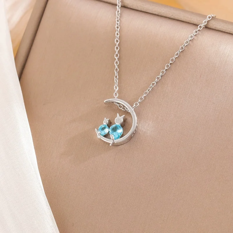 Uini Tail hot selling new 925 sterling silver fashionable moon blue cat necklace sweet romantic artificial crystal jewelry XL062