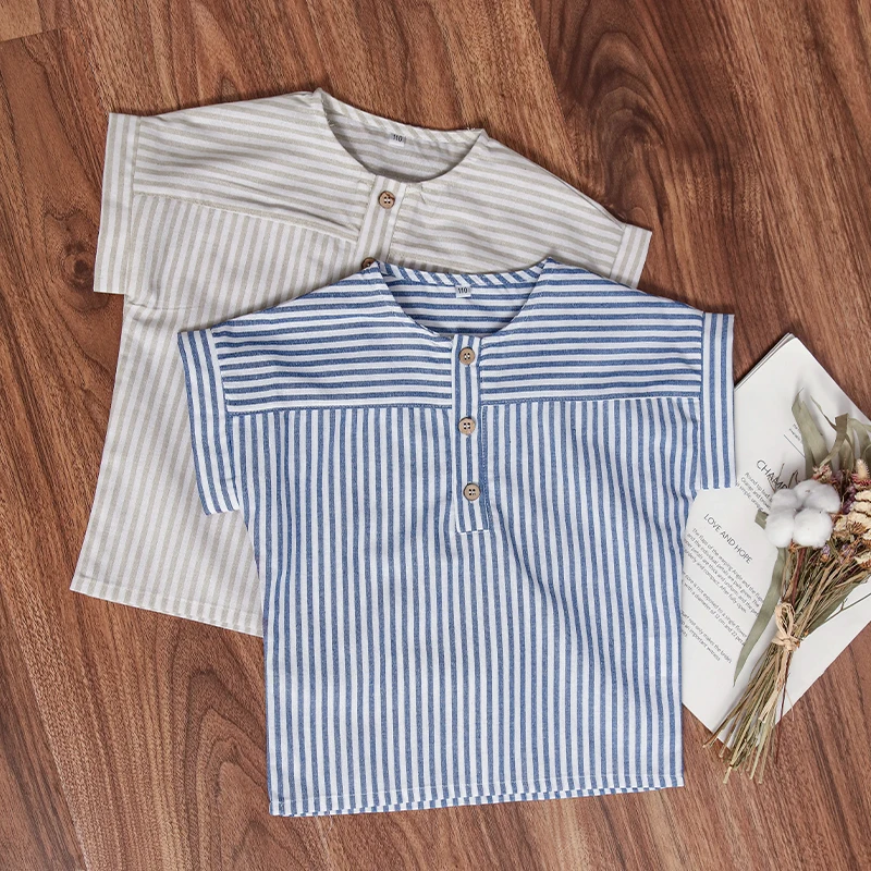 Children\'s Cotton Linen Striped Short-Sleeved T-Shirt Summer New Boys And Girls Round Neck Buttons Daily Casual Tops