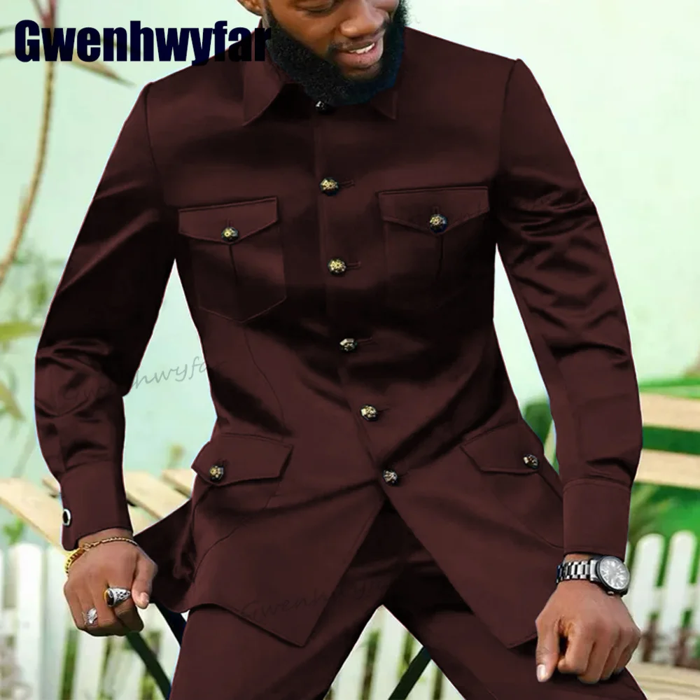 Gwenhwyfar High Quality Africa Stand Collar Chinese Design Male Suits Wedding Blazer Sets 2 Pcs Jacket Pants Men\'s Set 4 Pockets