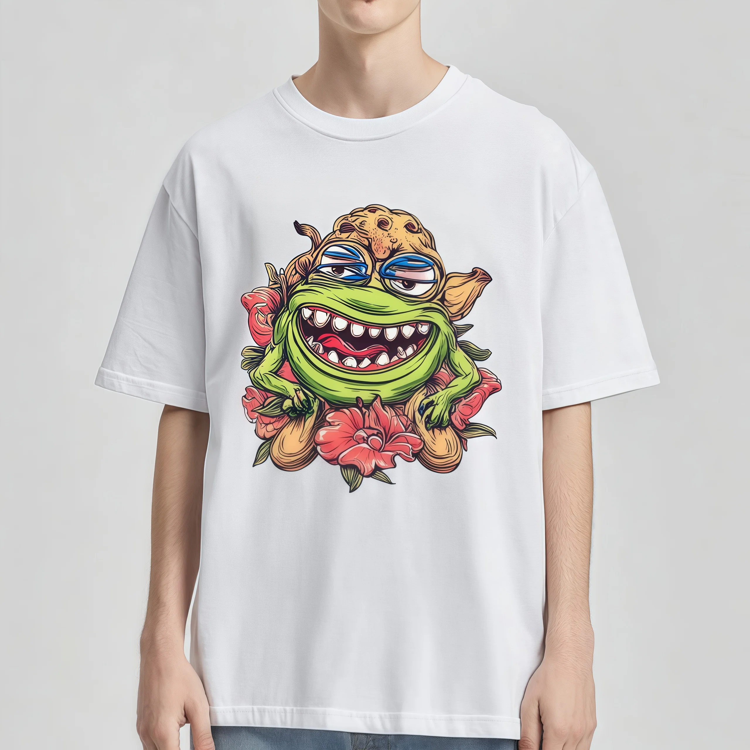 

Teevo White T-Shirt with Cartoon Monster and Flowers Print for Casual Wear