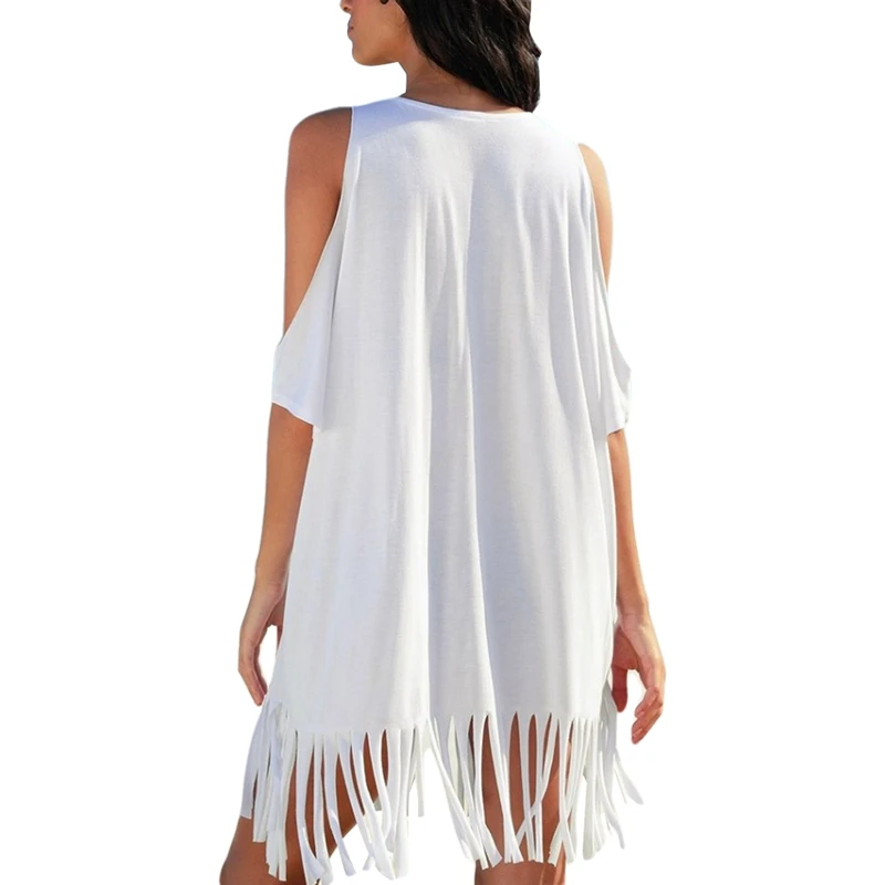 Vrouwen Witte Bikini Kwastje Cover Up Met Fringe Trim Sexy Vrouwen Holle Tuniek Strand Jurk Zomer Badpak Beachwear