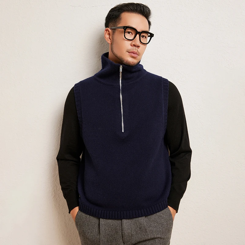 Autumn Winter New 100% Pure Cashmere Men's Vest Comfortable Versatile Half-Zip Collar Cashmere Sleeveless Sweater