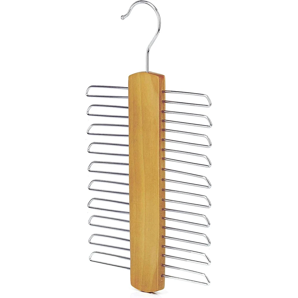 Premium Wooden Necktie and Belt Hanger, Walnut Wood Center Organizer and Storage Rack with a Non-Slip Finish - 20 Hooks