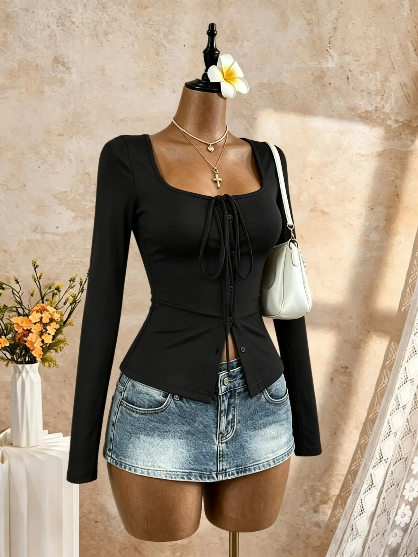 Women Square Neck Bow Front Single Breasted Ruffle Hem Bell Long Sleeve Top Slim Fit Y2K Sexy Xmas Party Casual Shirt