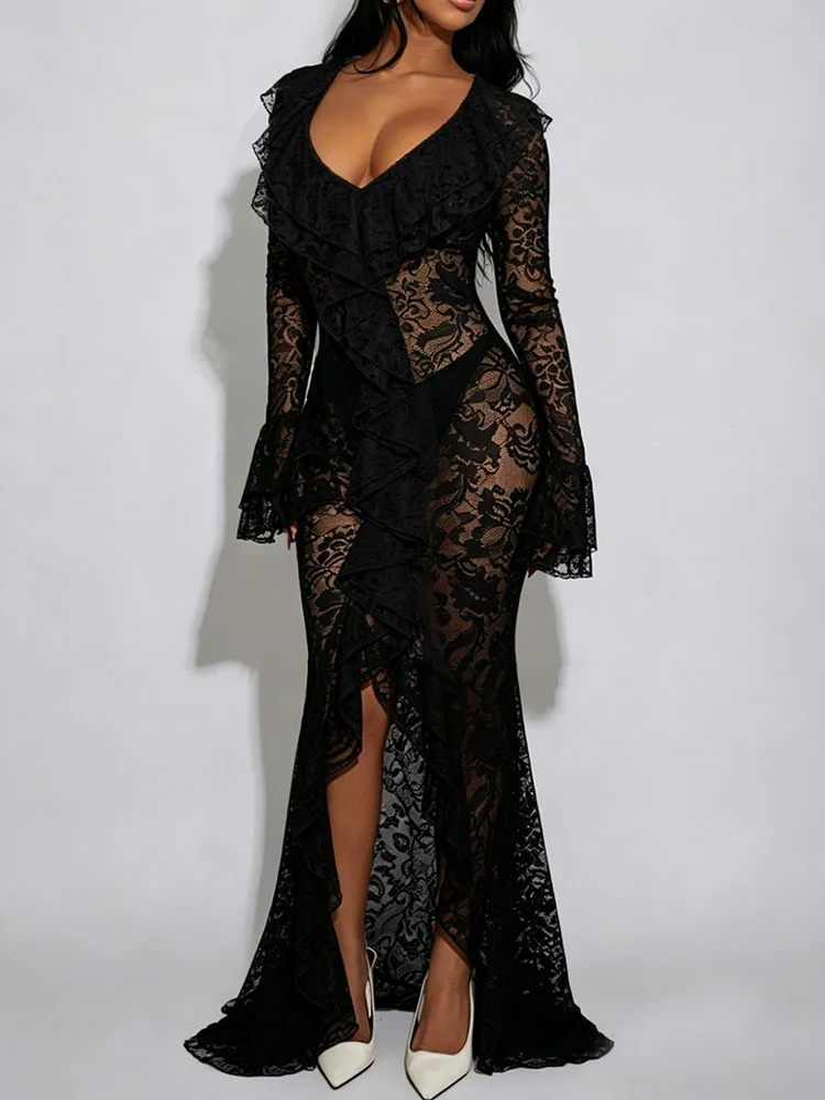 Sexy See Through Lace Party Dresses for Woman Formal Evening Gowns Ruffles V-neck Flare Sleeve Split Mermaid Prom Dress Robe