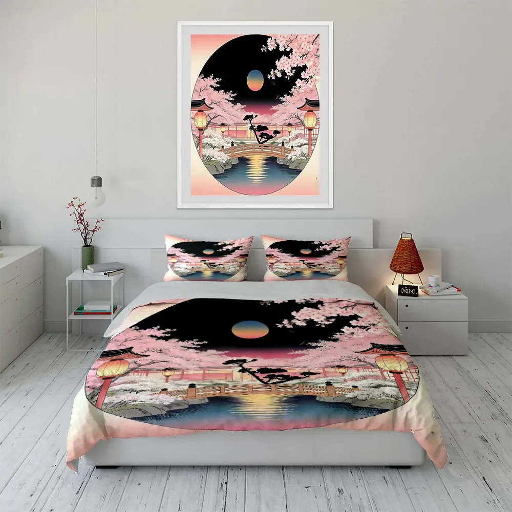 Cherry Blossom Set, Japanese Scenery Soft Comfortable Duvet Cover Bedding Set Included 1*Duvet Cover & 2*Pillowcases, gift