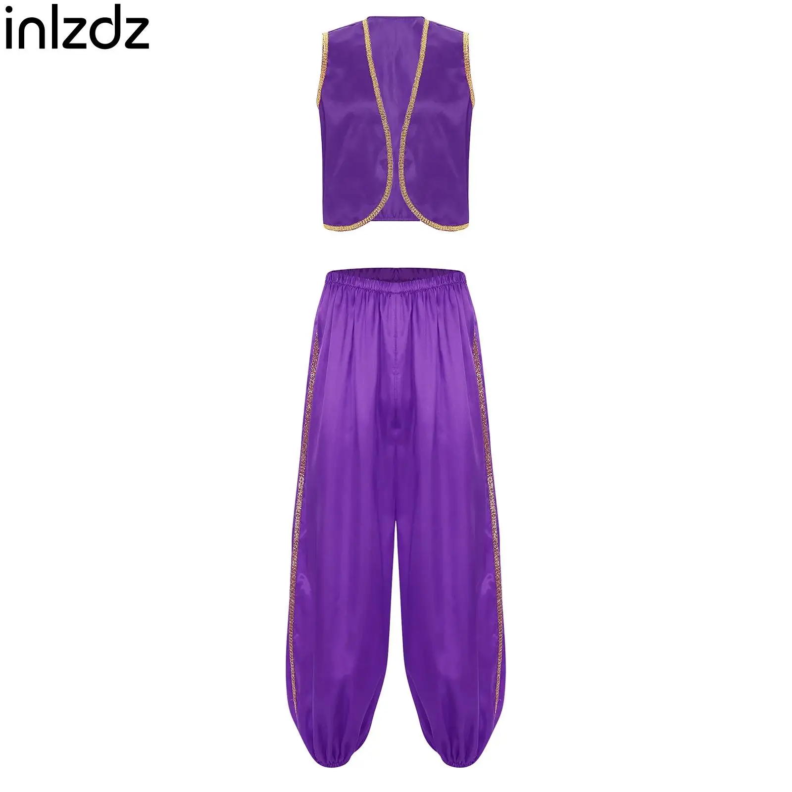 

Mens Persian Arabian Halloween Role Play Outfit Gold Trim Satin Vest Waistcoat+Pants Outfit Fairytales Cosplay Belly Dancewear