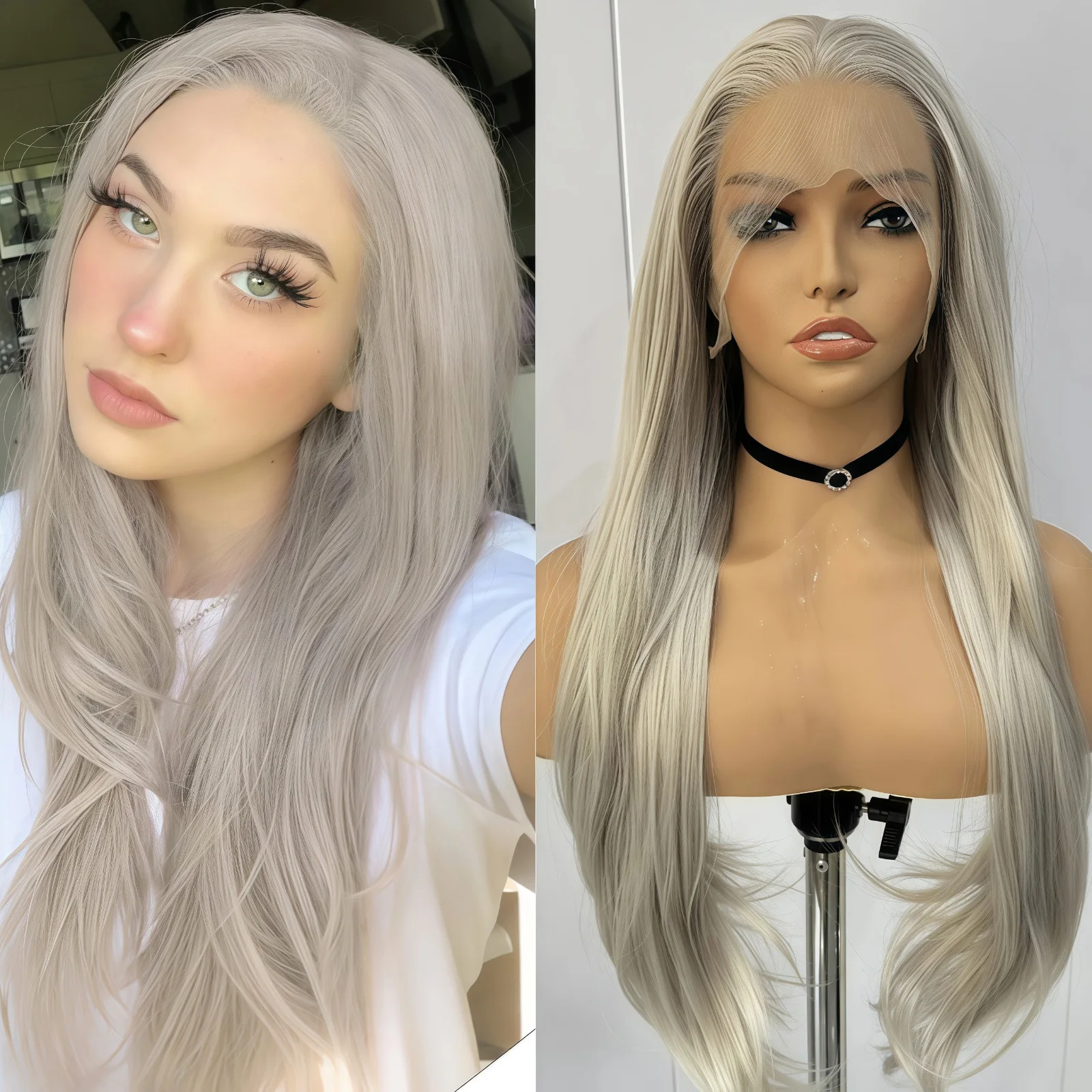 

Light Grey Wig Synthetic Lace Front Wigs for Women Long Natural Wave Wig Gray Lace Hair Daily Use Heat Resistant Cosplay Party