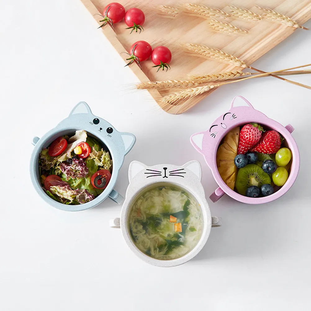Small Cat Design Blue Bowl Wheat Straw Dinnerware Lightweight Safe Dishwasher Microwave Safe Cartoon Bowl for Children