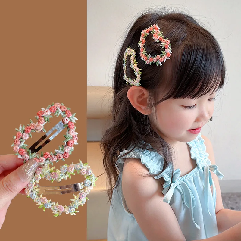 

Sweet Flower Embroidery Hair Clips for Girl Love Heart Shaped Hairpins Princess Baby Barrettes Sided Clips Kids Hair Accessories