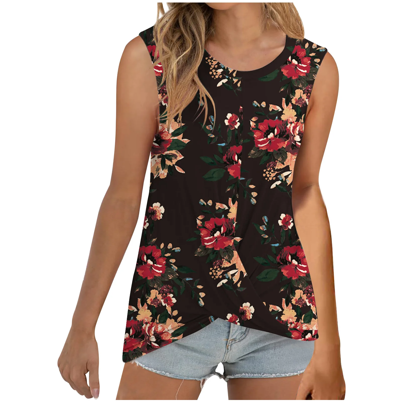 Débardeur sans manches pour femmes, Base noire, imprimé Floral vibrant, col rond, ourlet torsadé, coupe décontractée, mode quotidienne