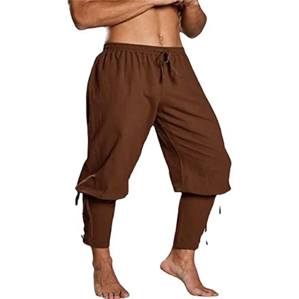 Medieval Vikings Men Pants Ankle-banded Lace-up Strap Elastic Waist Pleated Loose Leggings Cropped Trousers Pirate Costume