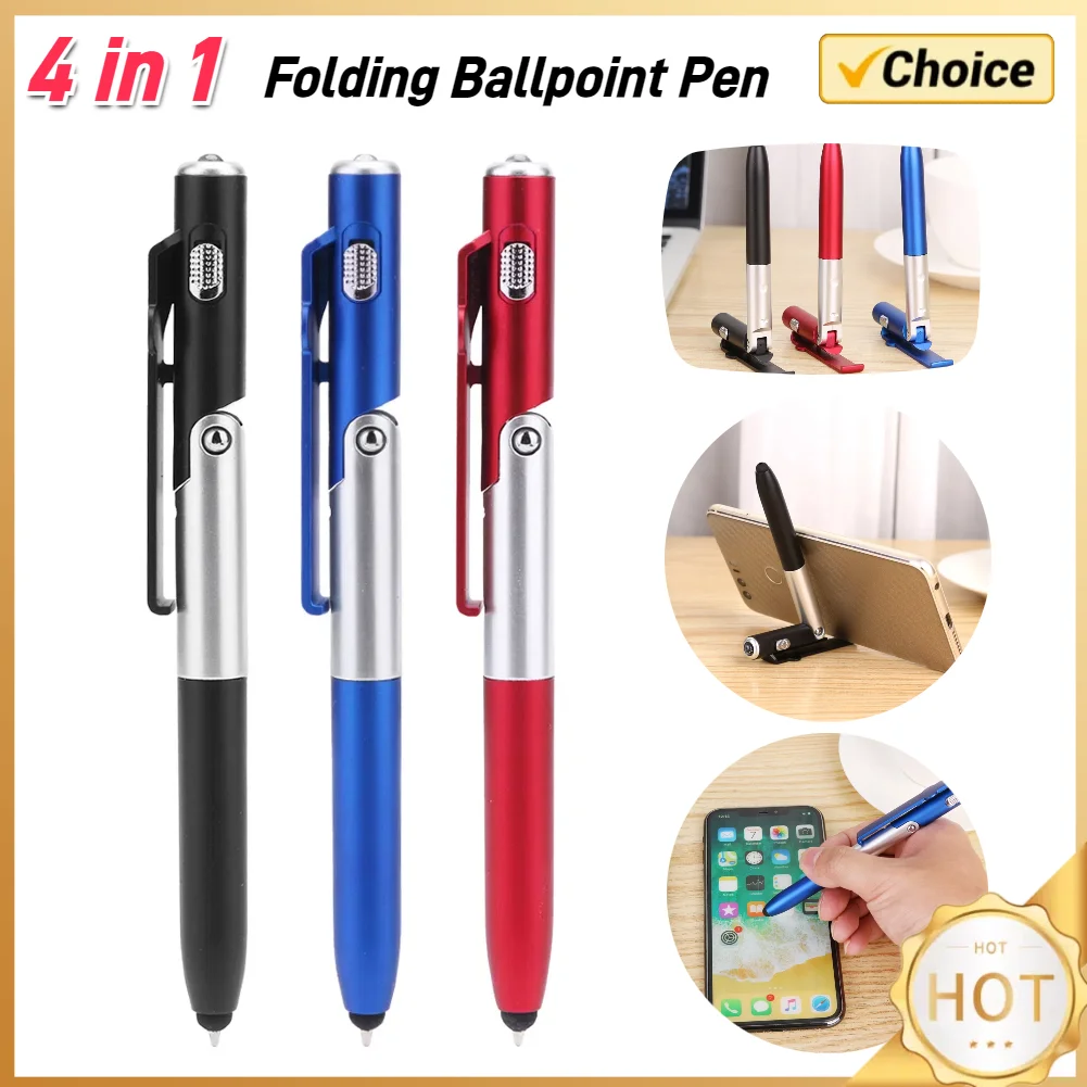 4 in 1 Multifunctional Folding Ballpoint Pen LED Light Mobile Phone Stand Holder Pen School Office Stationery Supplies