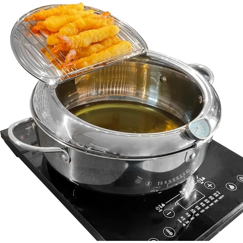 

Large Tempura Frying Pot with Lid, 304 Stainless Steel Fry Pot with Fahrenheit Ther
