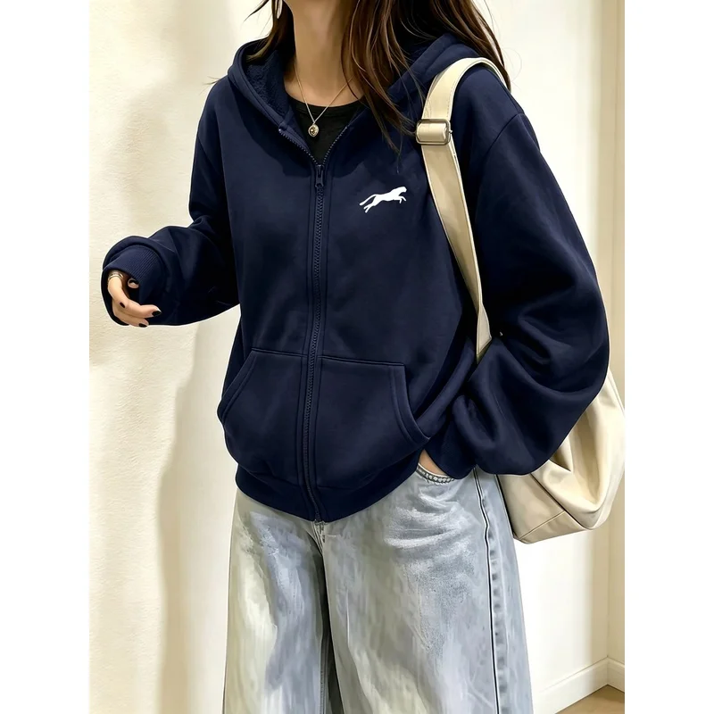 Women Apricot Running Leopard Silhouette Print Zip Up Hoodie Animal Graphic Full Zip Sweatshirt Kangaroo Pocket Casual Streetwea