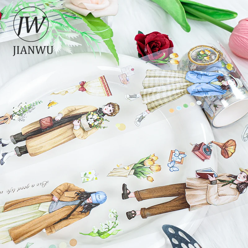 

JIANWU60mm*200cm Vintage Early Autumn Character Flower Landscape Material Collage Scrapbook PET Tape Creative Journal Stationery