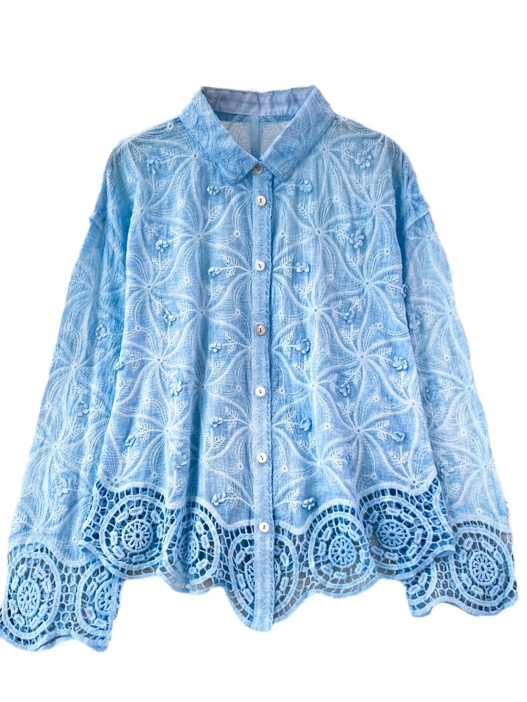 Primavera Autunno Faionable Lace Splice Bottone singolo Colletto lungo Sve irt Donna Casual Top Coreano Sle Colore puro