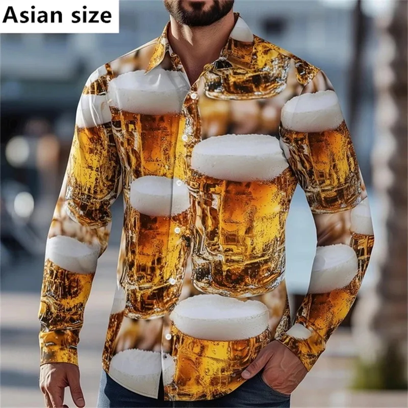 

2026 Новая мужская рубашка с длинным рукавом с рисунком пива, 3D принт, забавный узор, повседневная рубашка с лацканами на пуговицах, модная уличная рубашка для вечеринок