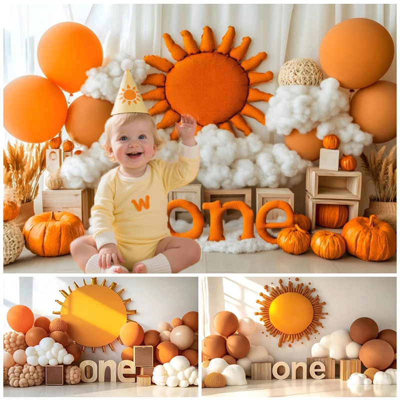 First Birthday Photography Backdrops Baby Shower Sun Balloons Clouds Pumpkins Kids Autumn Party Decor Backgrounds Studio Props