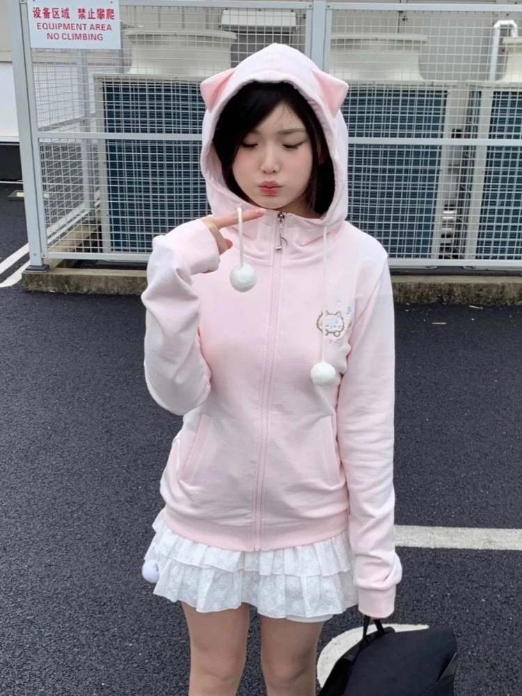

HOUZHOU Kawaii Cuteore Sweet Hoodies Women Japanese Style Y2k Sweet Soft Girl Preppy Style Cute Cat Embroidery Sweatshirt 2025