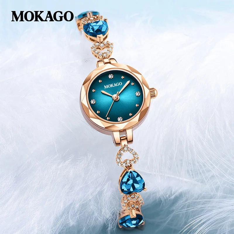 MOKAGO-Reloj de pulsera de oro rosa para mujer, Reloj de pulsera de lujo para mujer, Reloj de acero inoxidable de cuarzo para hombre