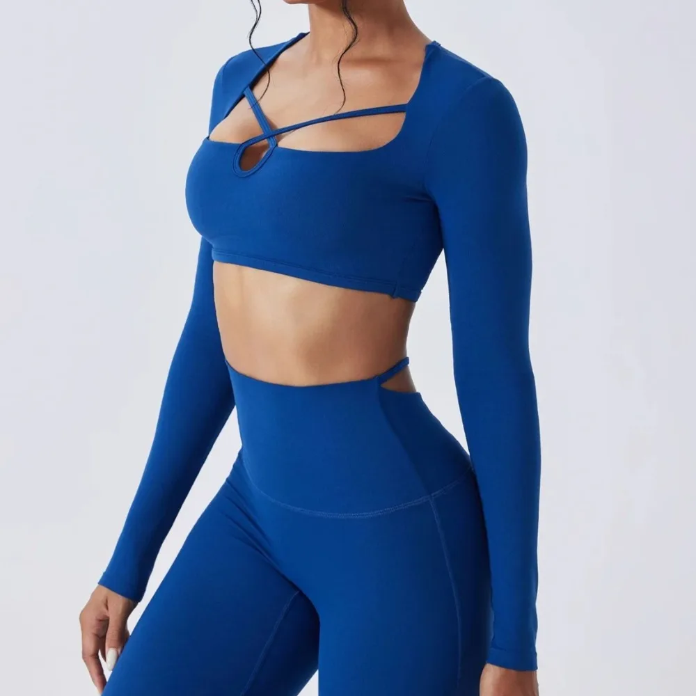 

Padded Yoga Long sleeve Shirts Women Outdoor Running Fitness Gym T-shirt Sexy Front Cross Push Up Sports Tops Workout ClothesTop