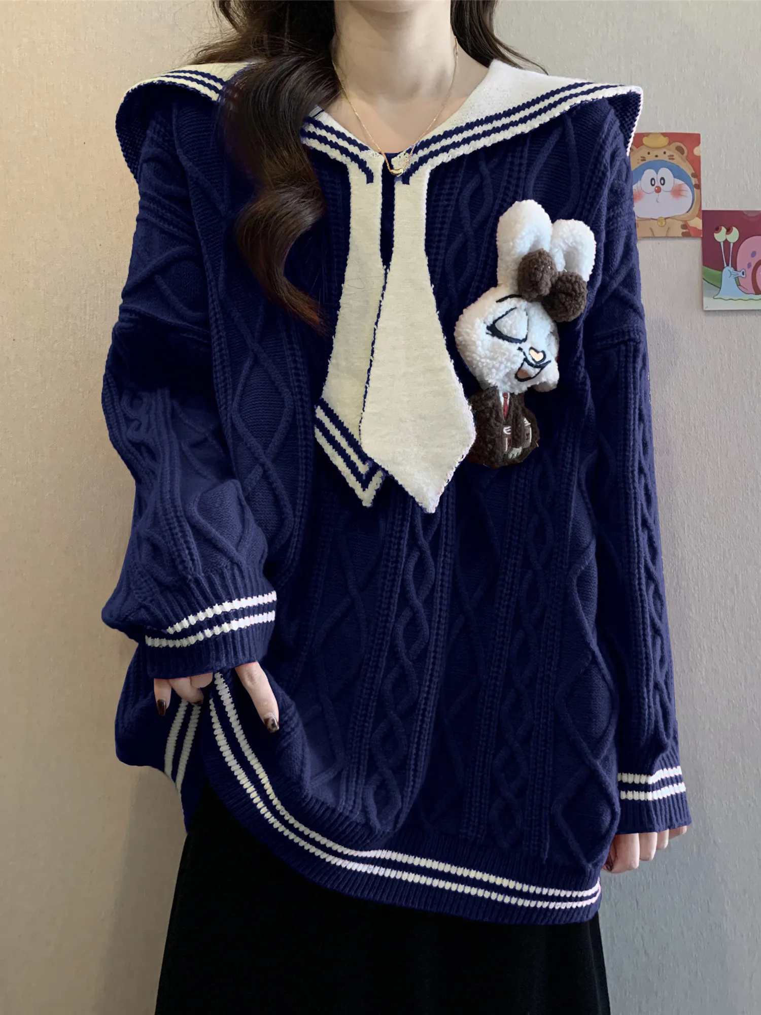 

Loose Long Sve Navy Collar Sweater Women's plus Size Autumn Winter Faionable Casual Top Warm Comfortable Mid-Length