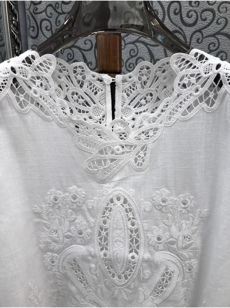 High Quality Linen Blouses 2024 Autumn Women Crochet Lace Embroidery Half Sleeve Casual Loose Tops Ladies White Cotton Shirt