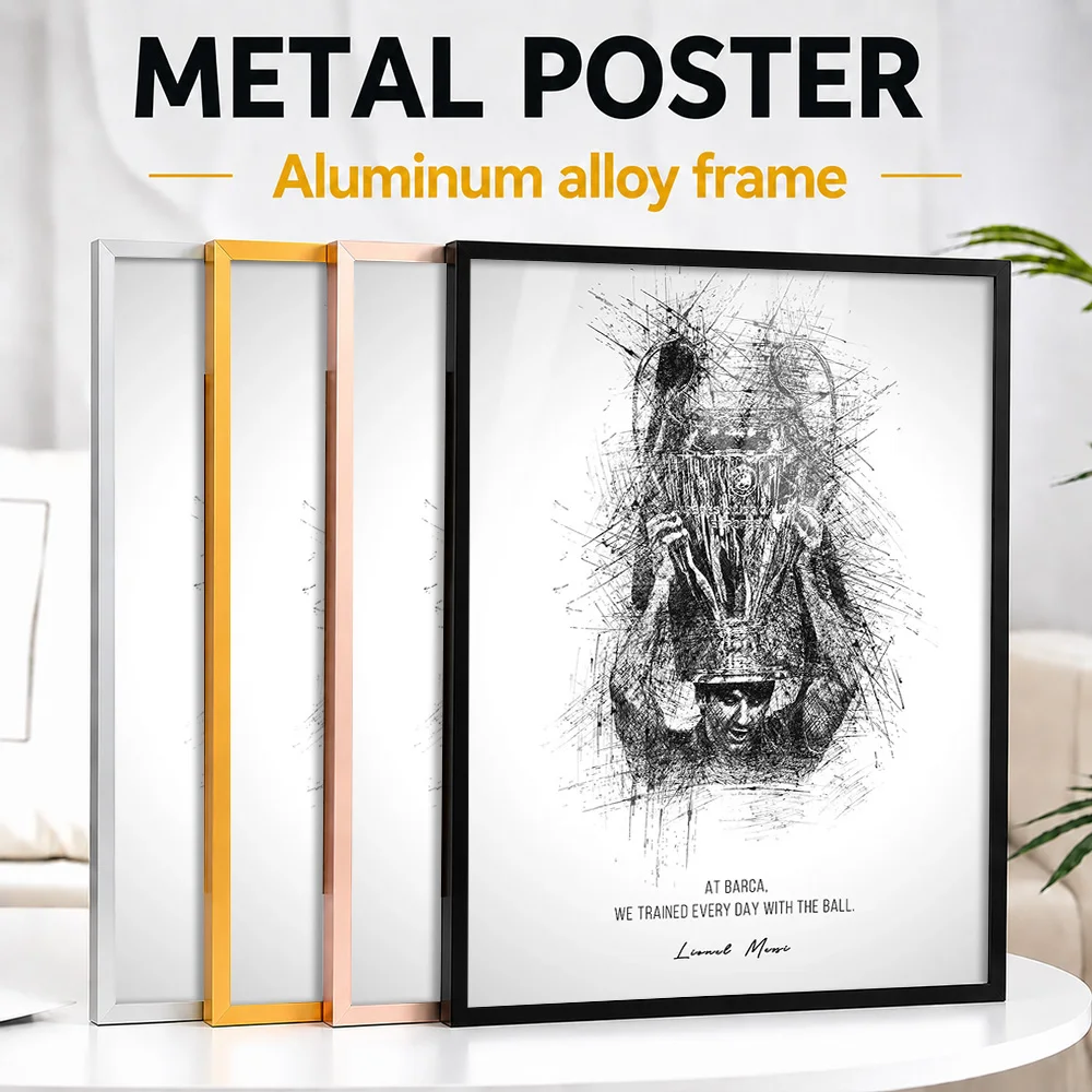 Lionel Messi Quotes Framed Aluminum Metal Poster Customized Sketch Drawing Wall Art For Sports Lounge, Soccer Enthusiast Gift