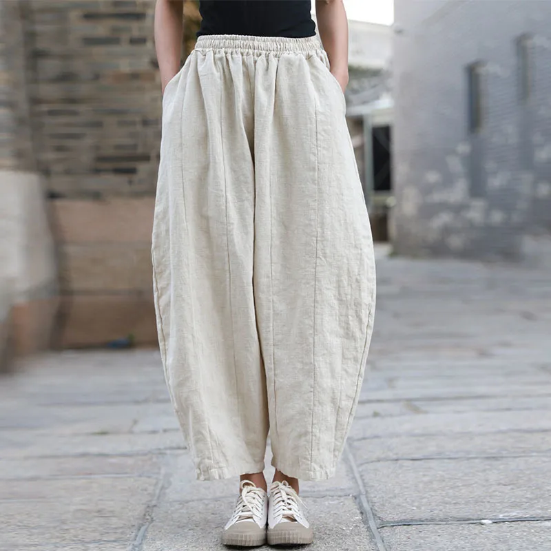 

NINI WONDERLAND Spring Ramie Linen Casual Harem Pants 2023 Women Elastic Waist Loose Patchwork Solid Color Trousers Autumn Pants