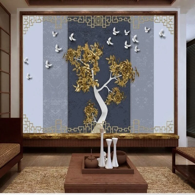 Chinese-Style Magnolia Golden Money Tree White Heron Fashionable Screen Colorful Background Library Restaurant Mural