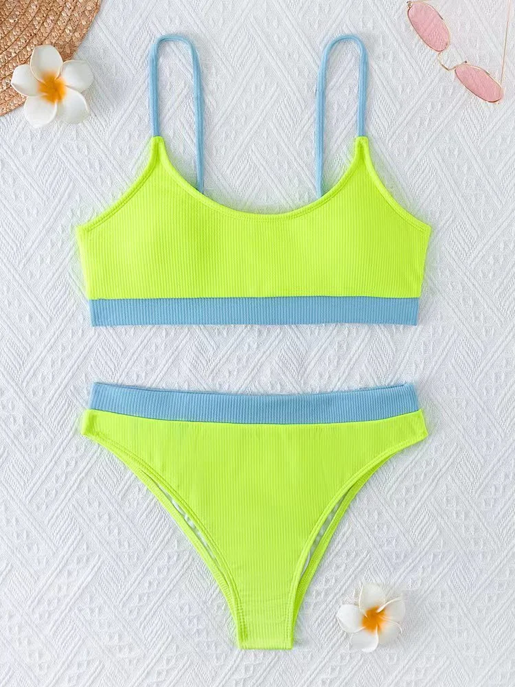 بيكيني النساء ملابس السباحة 2026 جديد الصلبة مضلع حبال البيكينيات مجموعة مثير عالية الخصر ملابس الصيف 2 قطعة شاطئ ثوب السباحة الإناث