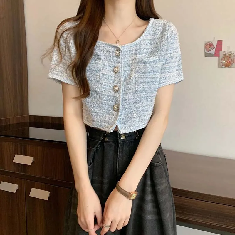 2026 Women Chic Elegant Tweed Cardigan Short Coat With Pocket Single Breasted Jacket Short Sleeve Loose Outwear Women Summer