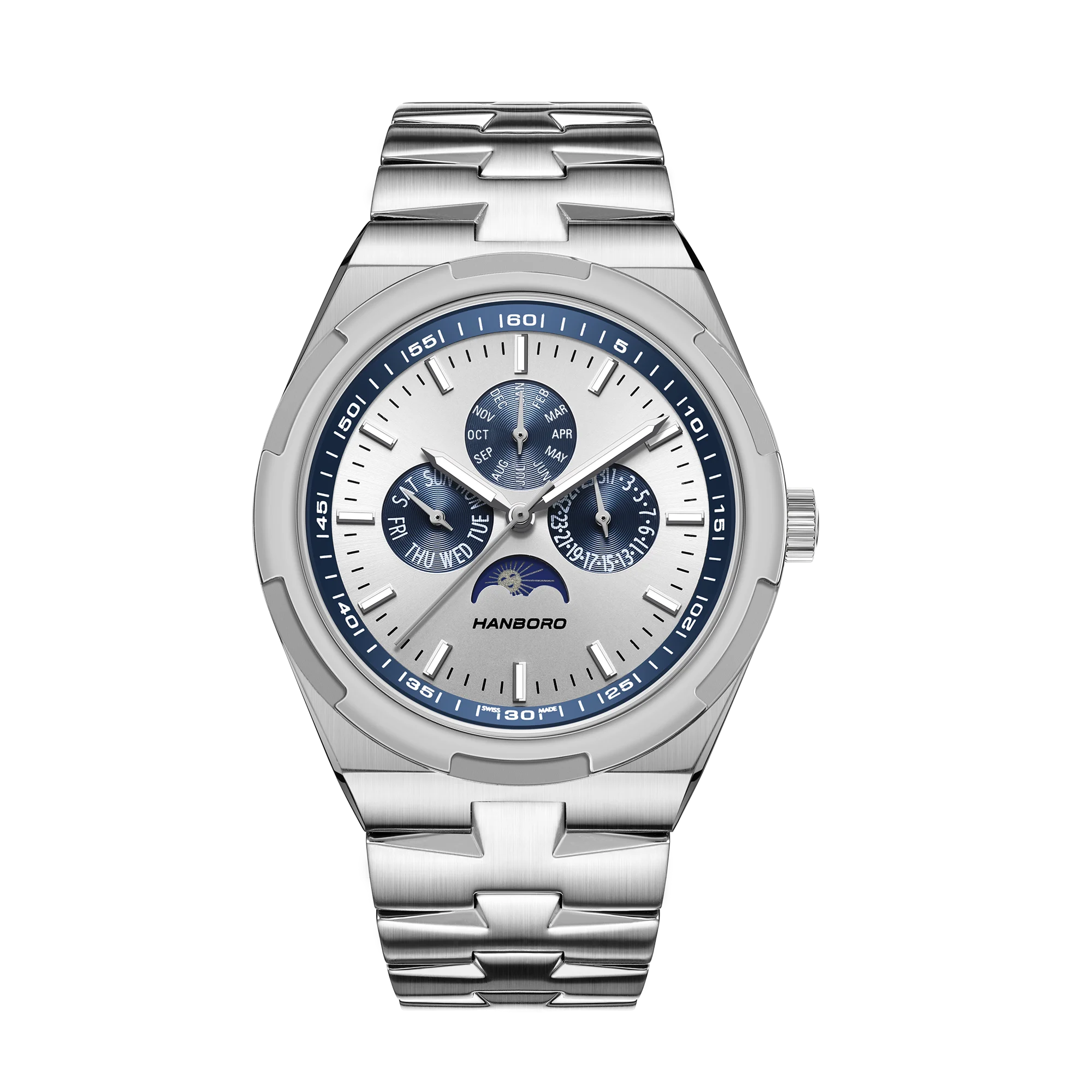 Multifunctional Moon Phase Watch for Men Blue Dial with Day Date & Month Display Automatic Business Dress Watch for Office