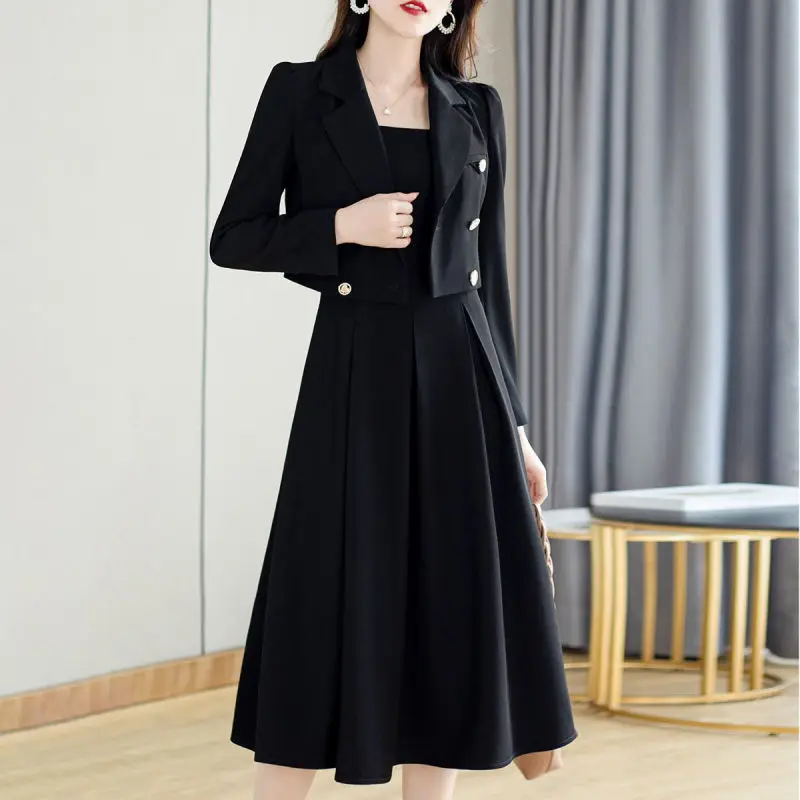 Women Work Clothing 2 Piece Dress Set 2022 Spring Autumn Korean Office Lady Graceful Blazer Tank Dress Outfit Short Suit Jacket