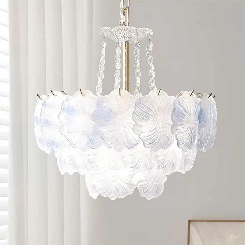 Romantic Gradient Blue Glass E14 Pendant Lights Bedroom K9 Crystal Lustre Suspend Lamp Home Decor Indoor Lighting Led Luminarias