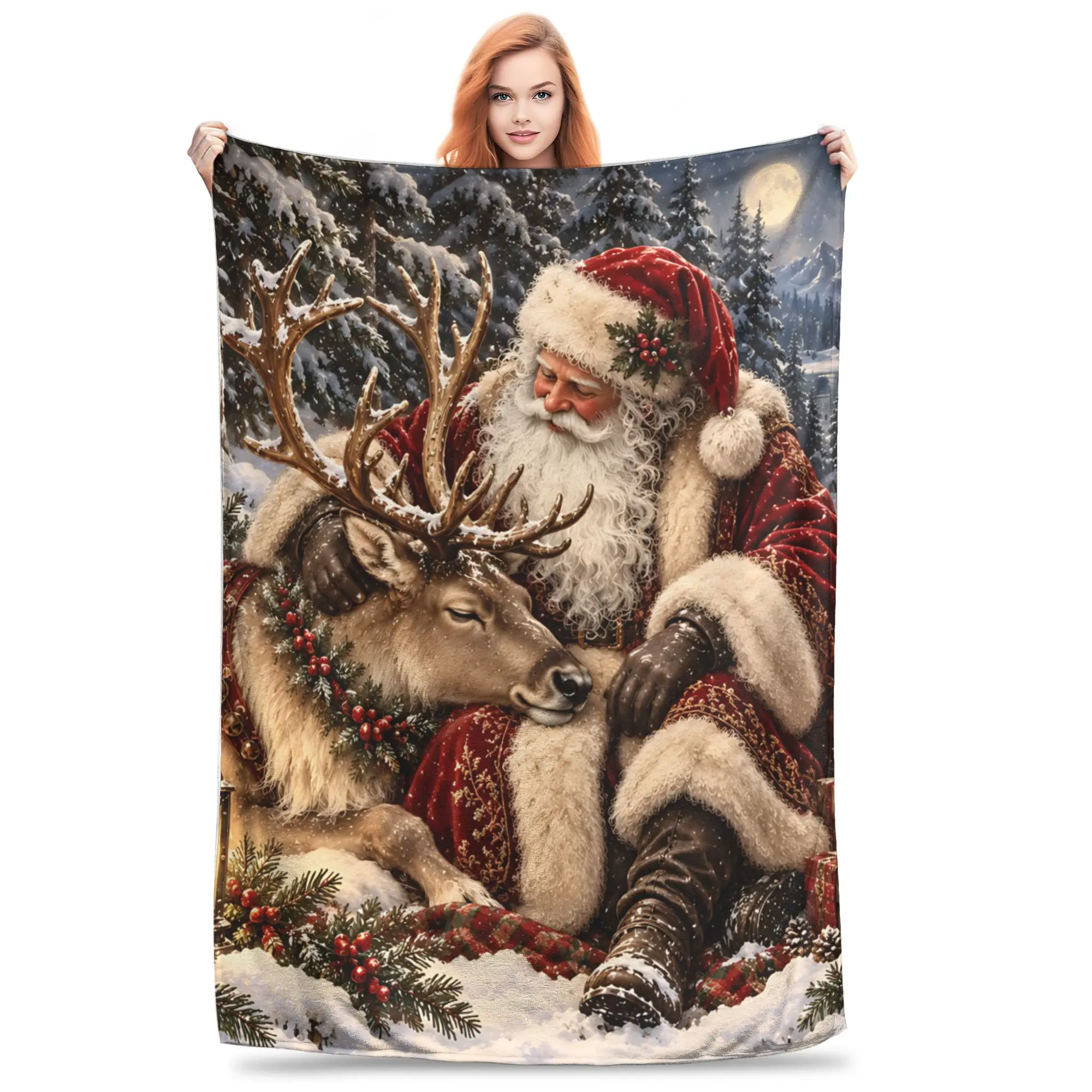 1PC Home Cutecore Vintage Christmas Clipart Bundle Santa & Reindeer  Blanket Super Cosy Plush Home Living Room Sofa halloween