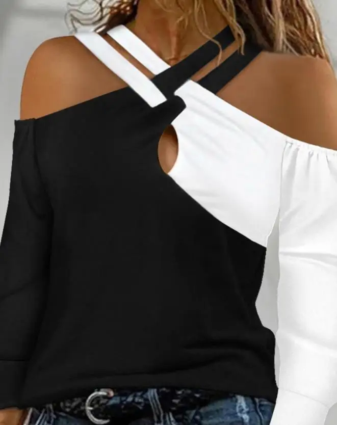 Colorblock Crisscross Cold Shoulder Long Sleeve Top Casual Tee t-shirts fashion woman blouses 2022 women outfits female clothing