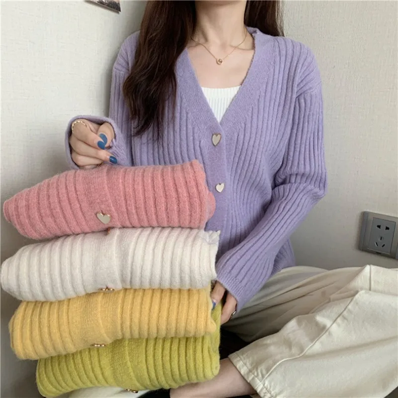 Women Autumn Simplicity Fashion Knitting Solid Color Cardigan V-neck Long Sleeve Knitwear Ladies Casual Appear Thin Trend Tops