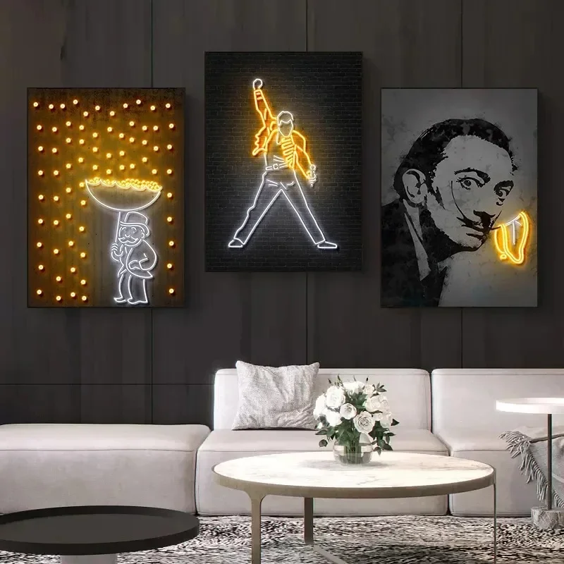 Freddie Mercury Salvador Dali Mona Lisa Portrait Neon Design Poster Canvas Wall Art for Living Room,kitchen, Home Office