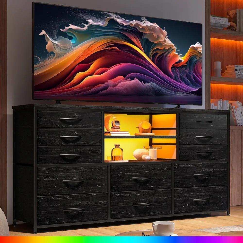 Cômoda preta com luzes LED e tomadas de energia, suporte de TV com 12 gavetas para TV de 60'' para cômodas de tecido de quarto e Che