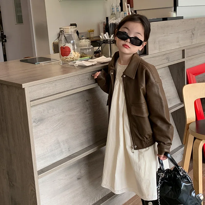 Coat Children Clothing Lapel Collar PU Autumn Girls Korean Loose Warm Fashionable Turn Down Collar Pocket Soild