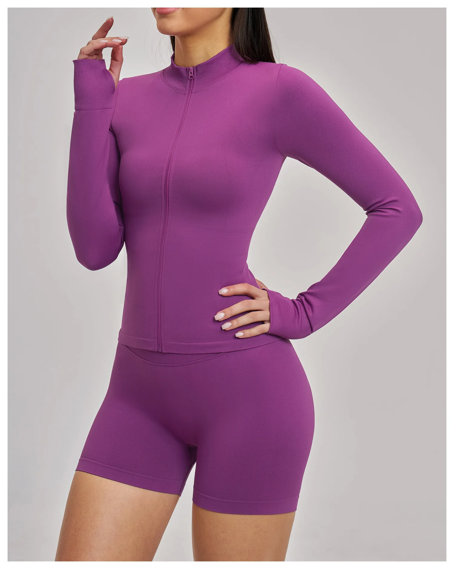Women's Seamless Long Sleeve Yoga Top Ribbed High Neck Full Zip Slim Fit Sports Jacket Thumb Hole Workout Gym Running Activewear