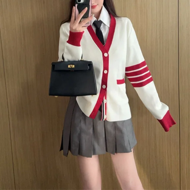 

8202 TB White Color-Block Cardigan Autumn Winter V-Neck Pocket Button Patchwork Lazy Mid-Length Knitted Sweater Jacket